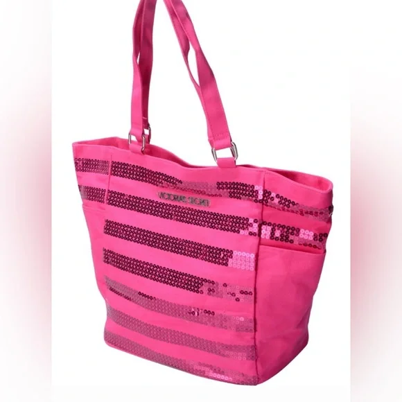 Victoria Secret Hot Pink Sequin Tote Canvas Striped Overnight Shoulder Bag New - Picture 13 of 14